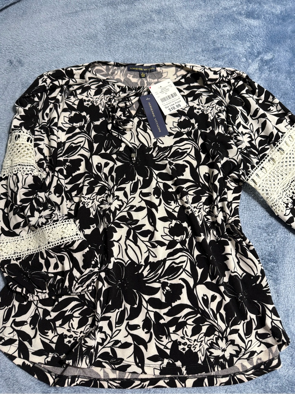 Monteau Black & White Floral Lace-Trim Top - Picture 1 of 5